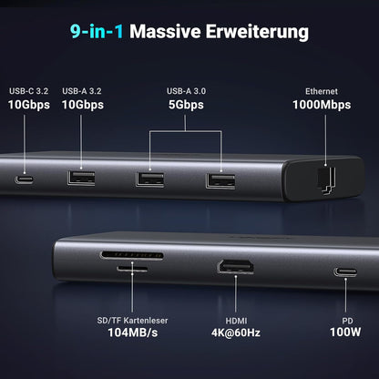 Ugreen Group Limited - Revodok Pro 109 USB C Hub 10Gbps, HDMI 4K, PD100W, Ethernet, SD/TF