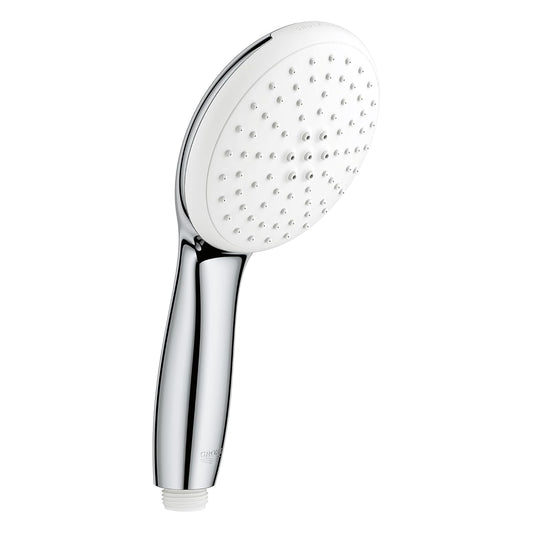 Round wall-mounted hand shower in polished Grohe Chrome finish, featuring a 4 ¼-inch spray face, SMARTSWITCH dial for easy spray selection between Rain and Jet modes, EcoJoy technology for water conservation, CoolTouch anti-scald protection, and durable design with shockproof silicone rim.