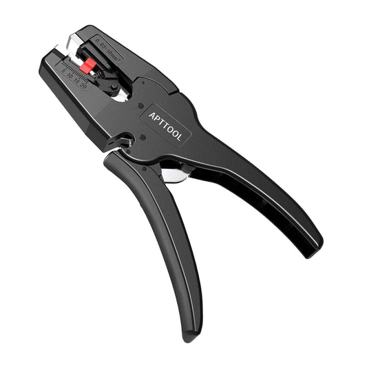 Black APTTOOL automatic wire stripper with plastic and alloy steel handle, designed for stripping single-conductor wires ranging from 7 to 32 AWG (0.03mm²-10mm²), featuring self-adjusting jaws, a compact size of 19.5L x 11.5W cm, and an adjustable stripping length range of 5-20mm without damaging the core wire.