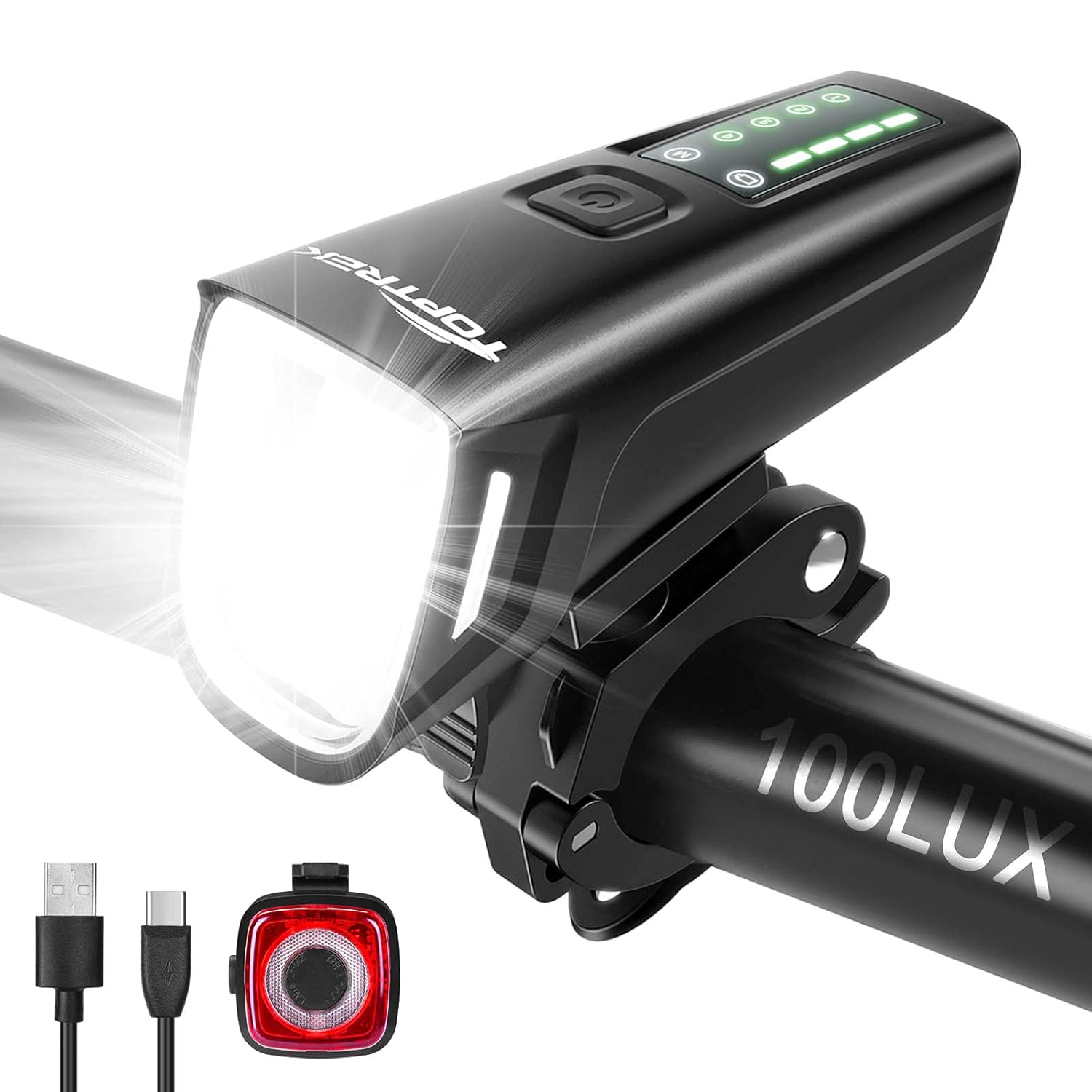 Toptrek LED bicycle light set featuring a front light with 100 lux brightness, USB Type-C charging, IPX5 waterproof rating, and four adjustable modes for optimal visibility and battery life.