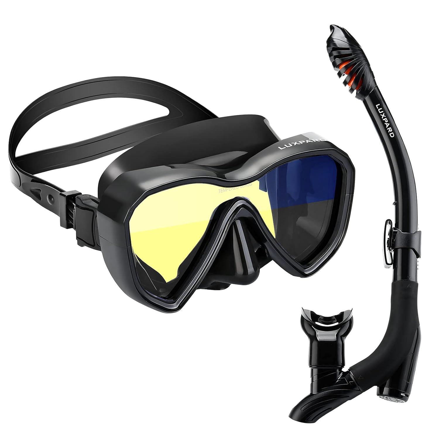 LUXPARD black silicone snorkel mask with single tempered glass lens, featuring anti-fog and scratch-resistant properties, designed for maximum fresh air intake and a comfortable fit for most face shapes.