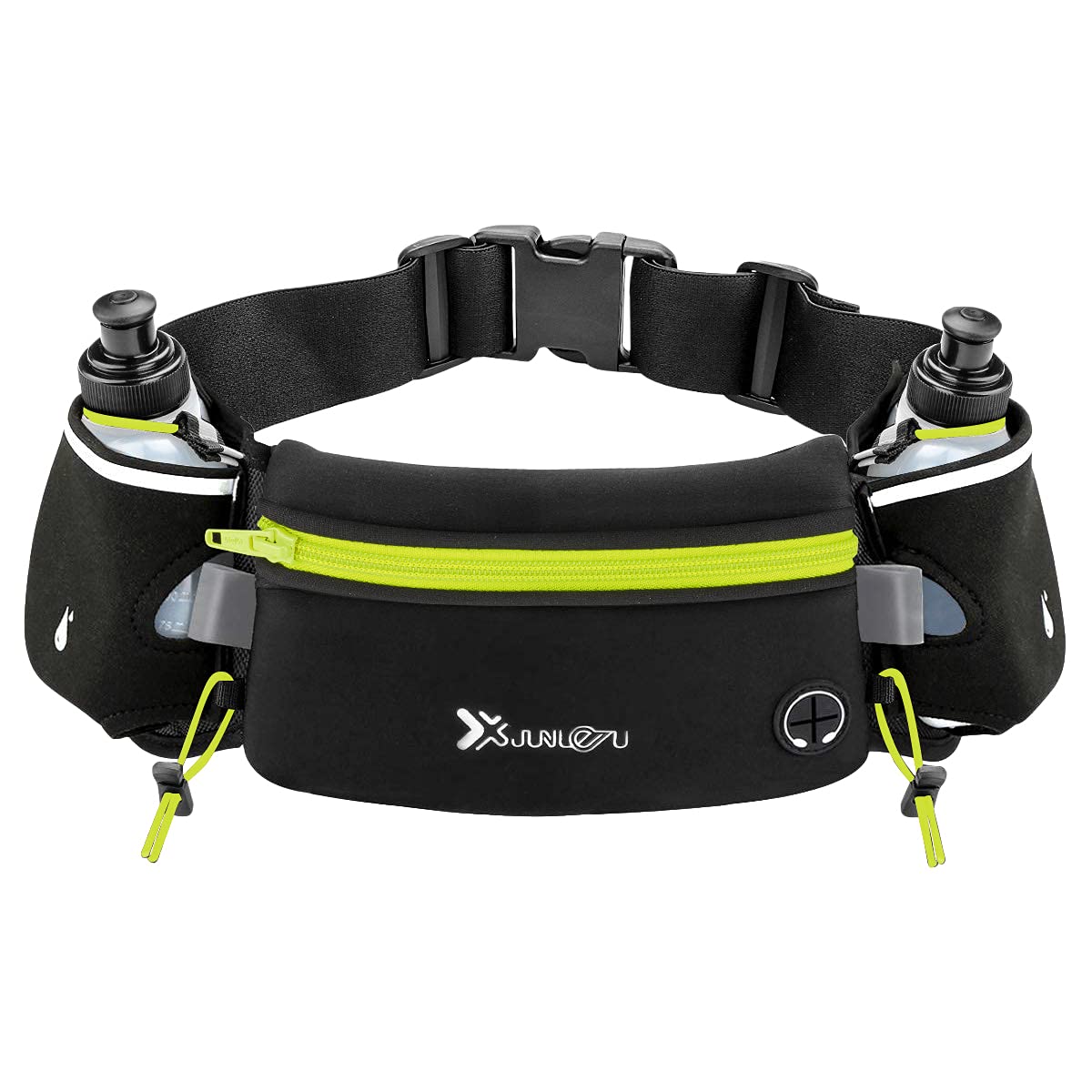 Running belt with two BPA-free water bottles, durable storage for smartphones and essentials, adjustable anti-slip waistband, made from high-quality neoprene material, suitable for various outdoor activities.