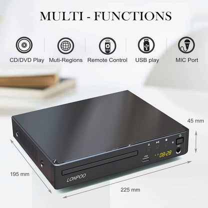 Zhongxinguang - Lonpoo HD DVD Player for TV with HDMI/AV/Coaxial, 1080P, USB & Mic Output