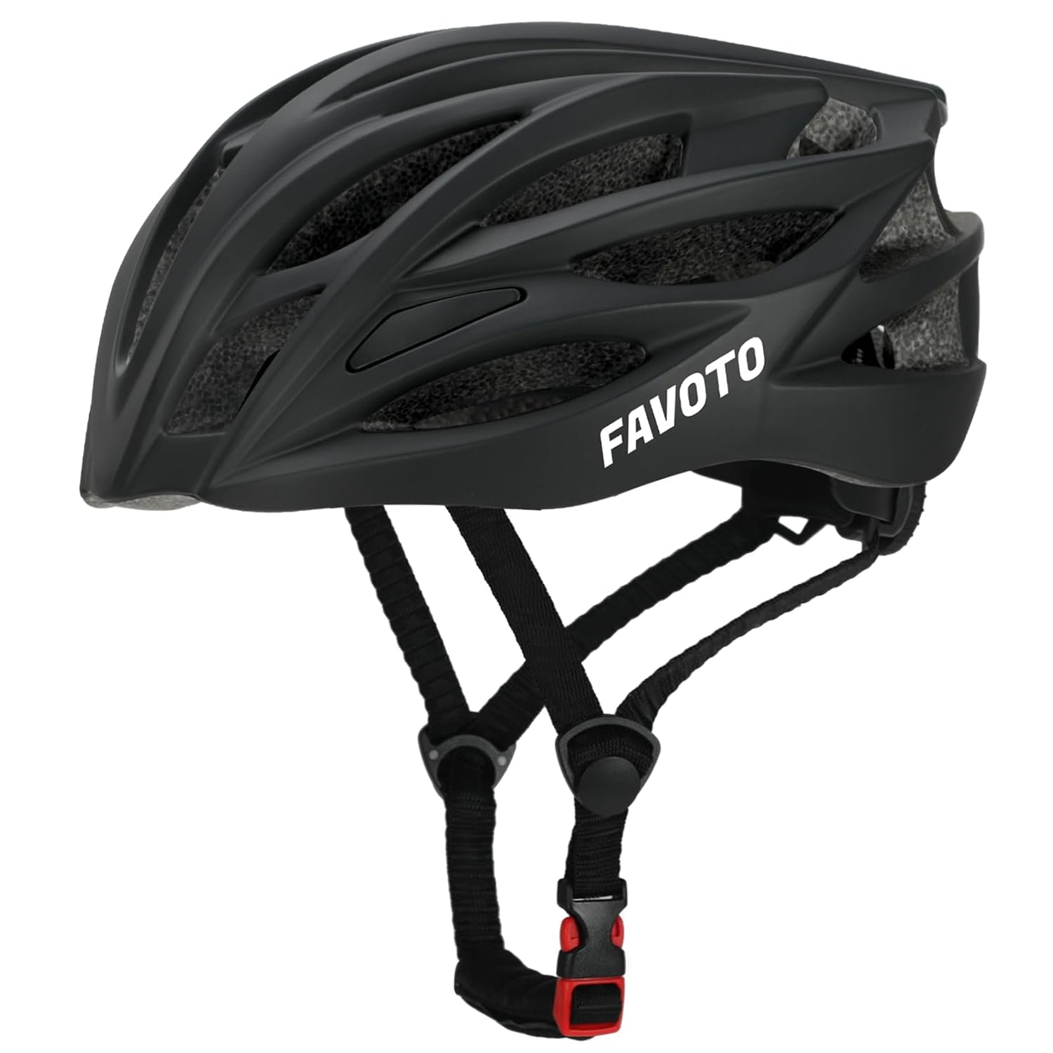 Matte black Favoto adult bike helmet, CPSC certified for safety, featuring an adjustable strap and removable lining, designed for head sizes 58-61 cm (22.8-24 inches), lightweight at 240 grams with ventilation holes for breathability.