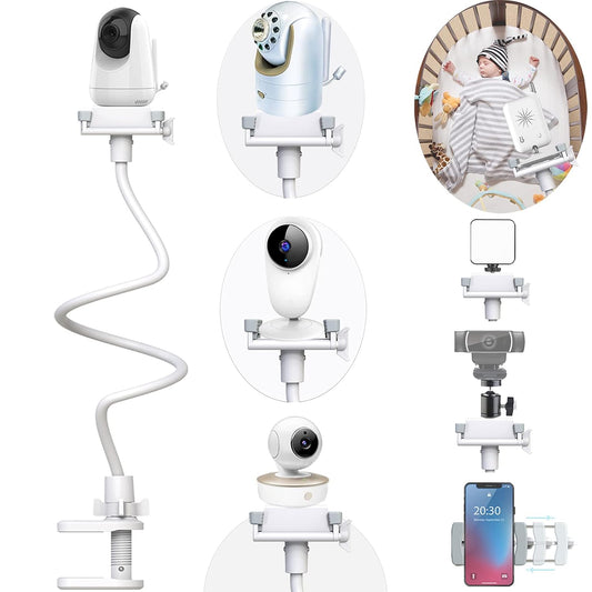 White wall-mounted baby monitor stand by Derebir, featuring adjustable arms for optimal positioning and compatibility with various camera types.