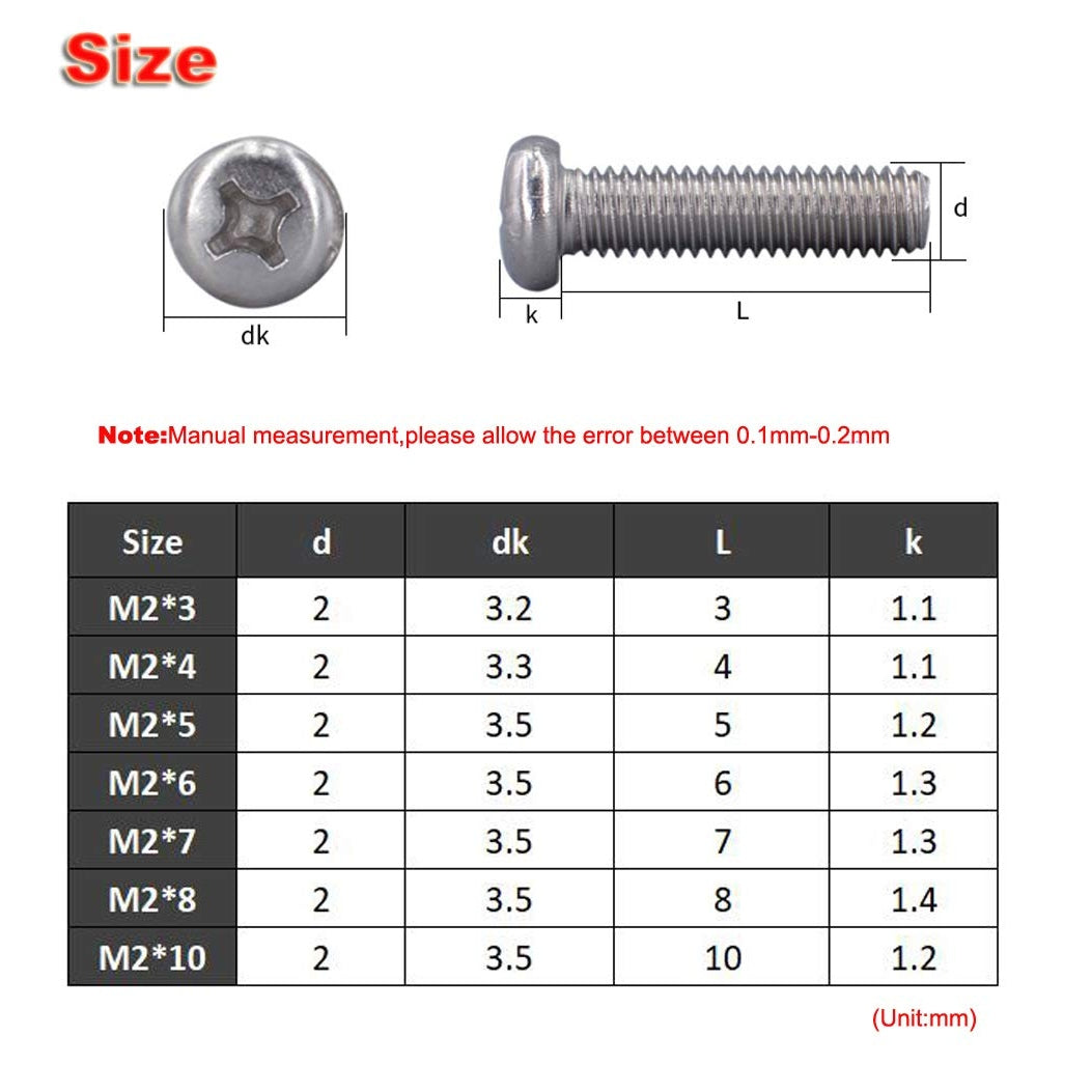 Kinpar - 304 Stainless Steel M2 Phillips Pan Head Screws (M2 x 6mm)