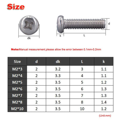 Kinpar - 304 Stainless Steel M2 Phillips Pan Head Screws (M2 x 6mm)