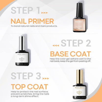 Modelones - Base & Top Coat with Primer for Nails, 3 x 10ml Gel Soak Off UV LED