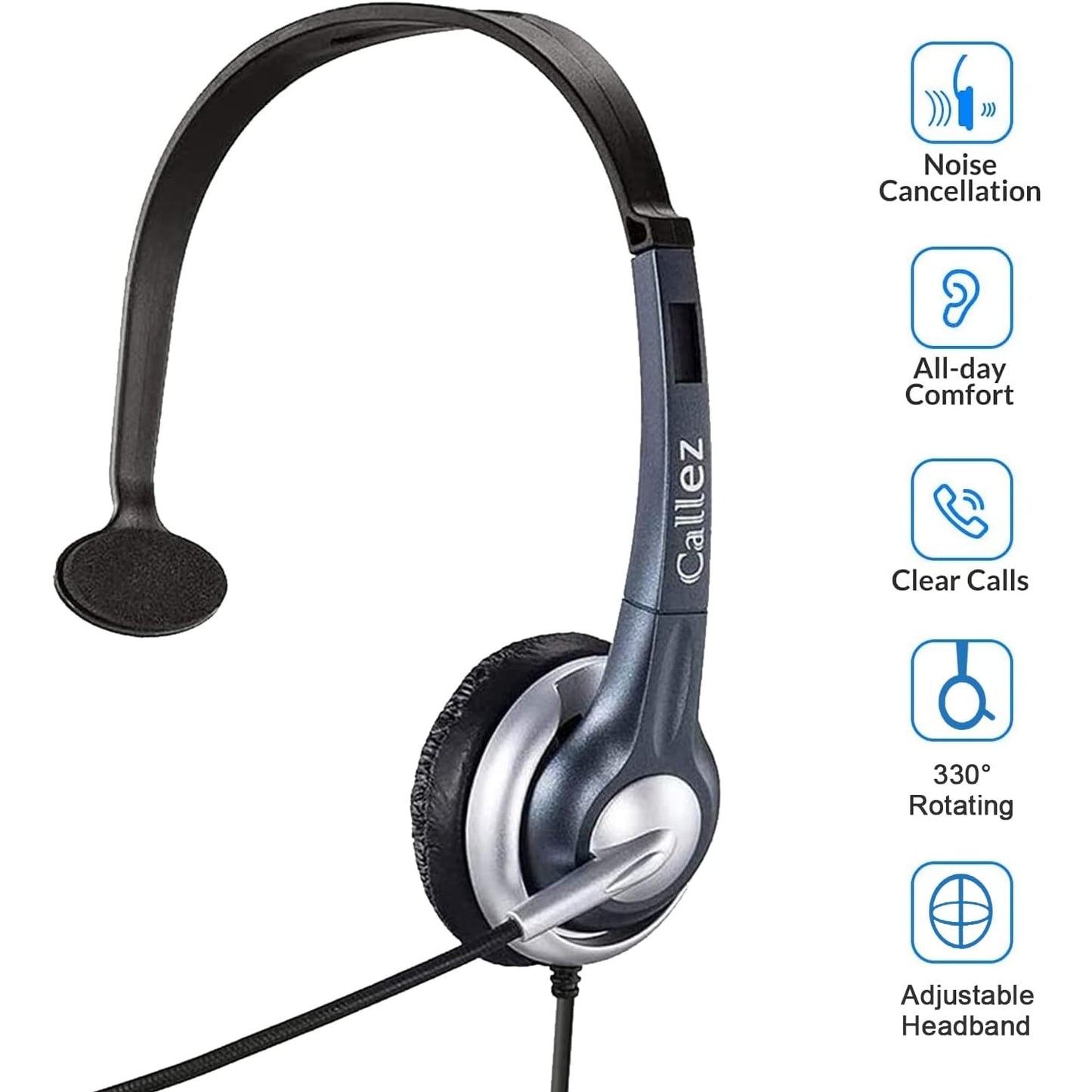 Callez - 3.5mm Mono Headset With Noise Cancelling Mic, Compatible With Smartphones & PC