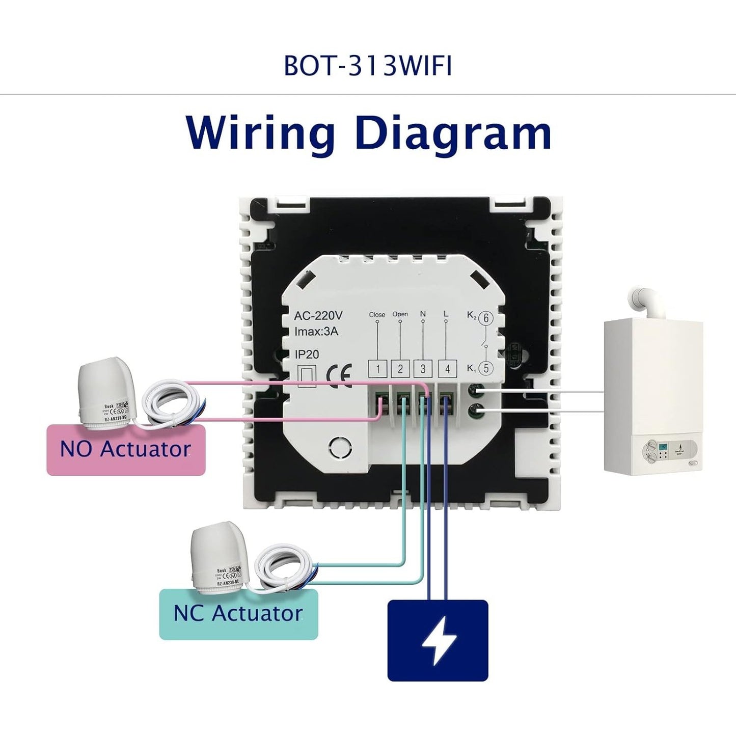 Beok - Bot-313 Wifi Programmable Gas Boiler Thermostat, Lcd Touchscreen, Alexa & Google Home