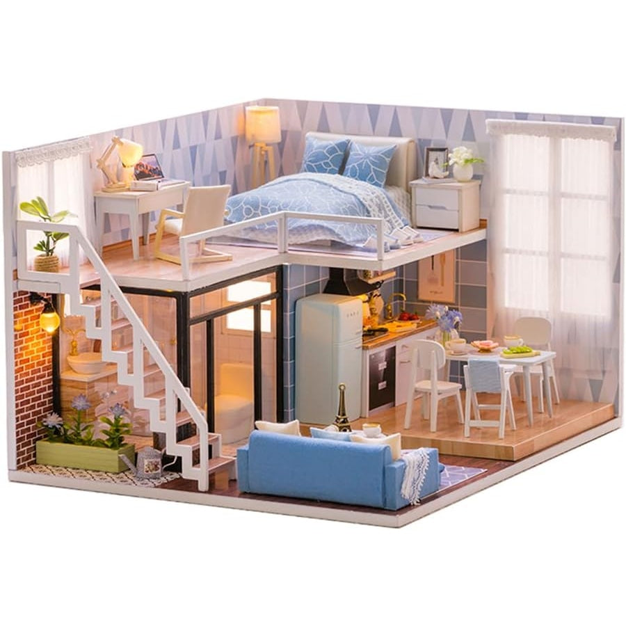 Cutebee - Dollhouse Miniature With Furniture, DIY Wooden Kit, 1:24 Scale, Blue Time