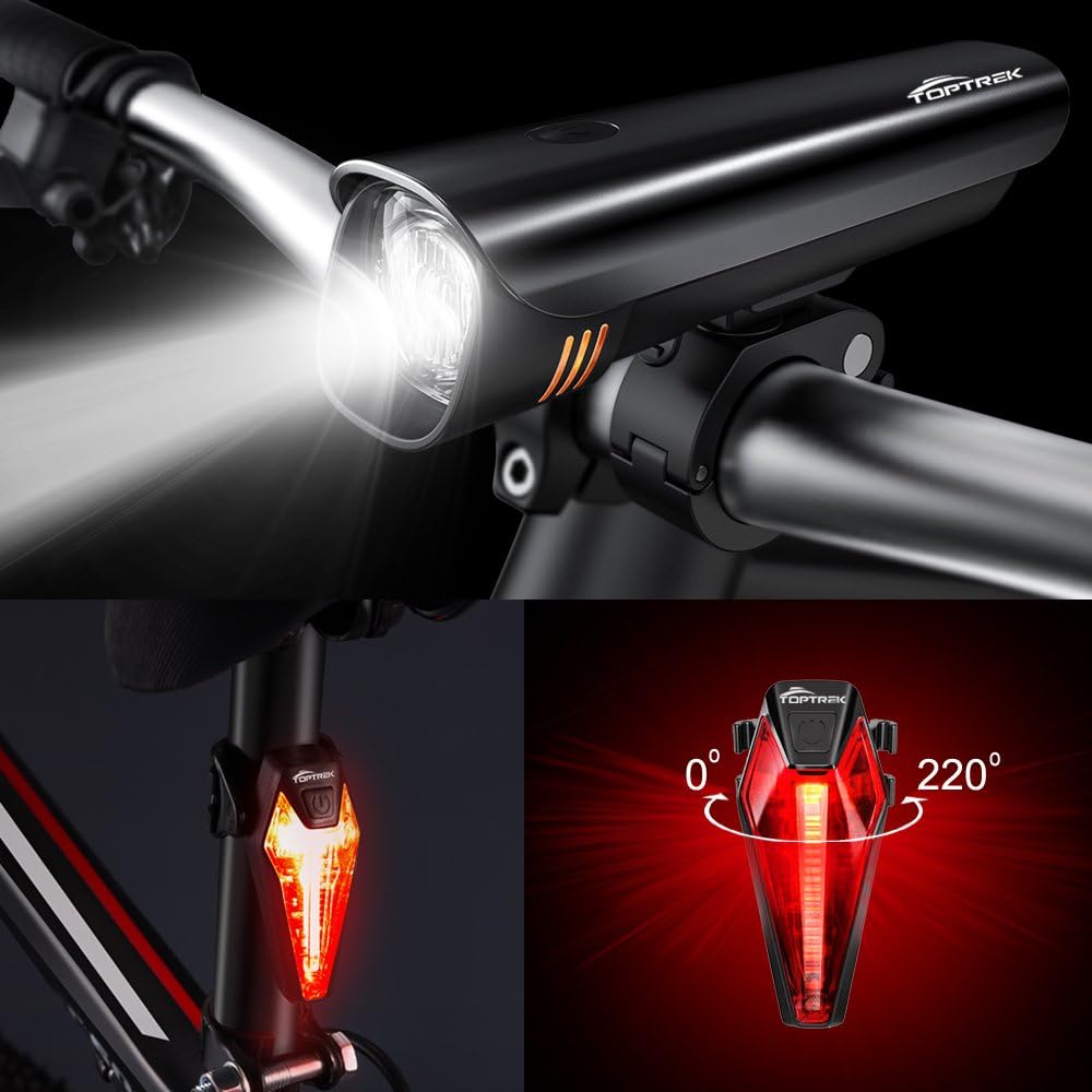 Toptrek - USB Rechargeable Bike Light Set, Front & Rear, Waterproof, Super Bright LED