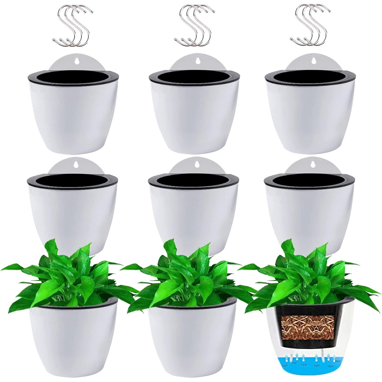 Jucoan - 9 Pack Self Watering Hanging Planter, 5 Inch Dual-Pots, White With Hooks