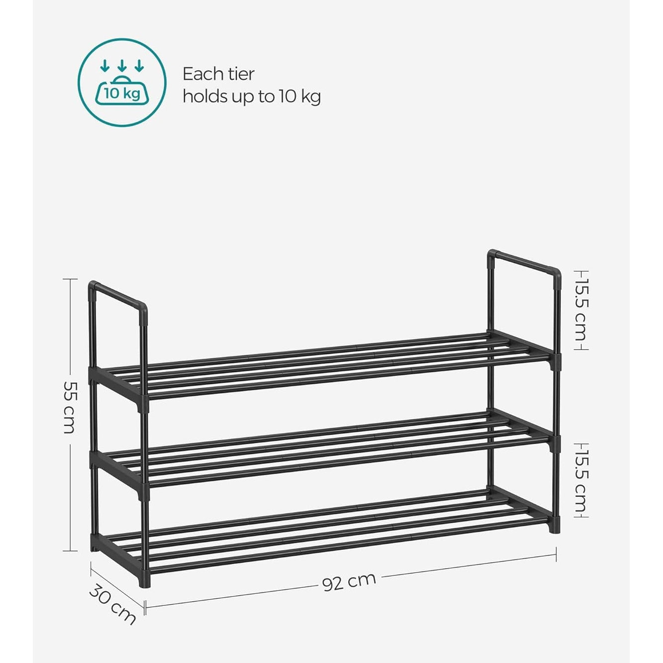 Songmics - 3-Tier Stackable Shoe Rack, Fits 12-15 Pairs, Black