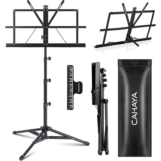 Black CAHAYA dual-use vertical music stand with adjustable height from 70-170 cm, featuring a flexible tilting book plate, collapsible tripod base, and metal spring arm extensions for secure sheet music placement. Includes carry bag, tripod, folding book plate, music clip holder, and table support.