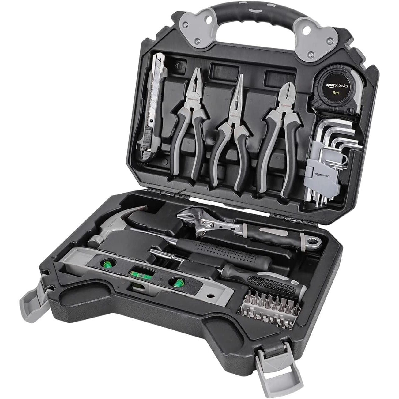 51-piece household tool set in a practical blow-molded carrying case, featuring ergonomic non-slip plastic handles and high-quality tempered steel alloy tools that are chrome-plated for corrosion protection.