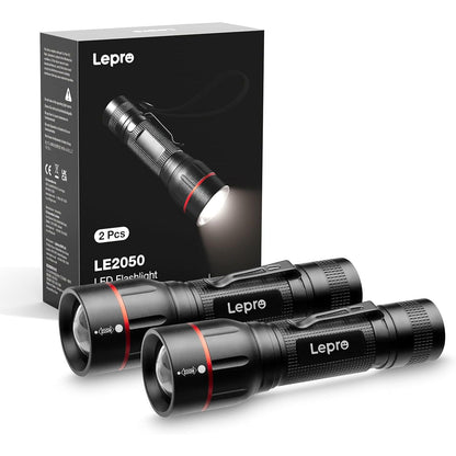 Lepro - Led Flashlight With Clip, High Lumens, 5 Modes, Zoomable, Waterproof, 2 Pack