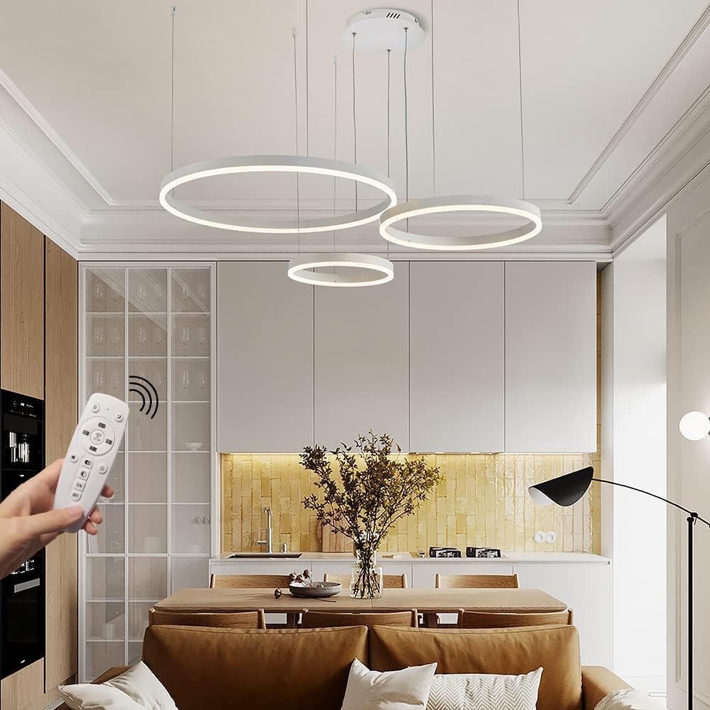 Starryol - Modern LED Pendant Light, 3 Rings, Adjustable, Dimmable 2700K-6500K, With Remote Control, 78W