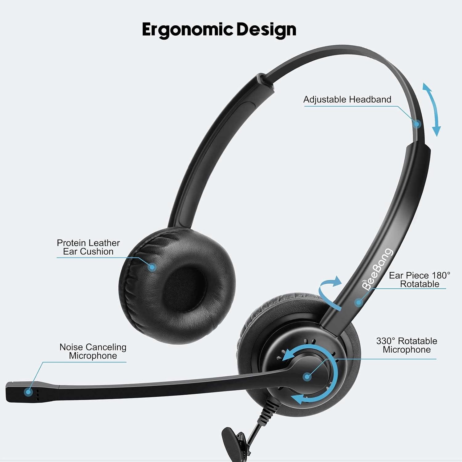 Beebang - Telephone Headset With Noise Canceling Mic, RJ9 For Office Call Center