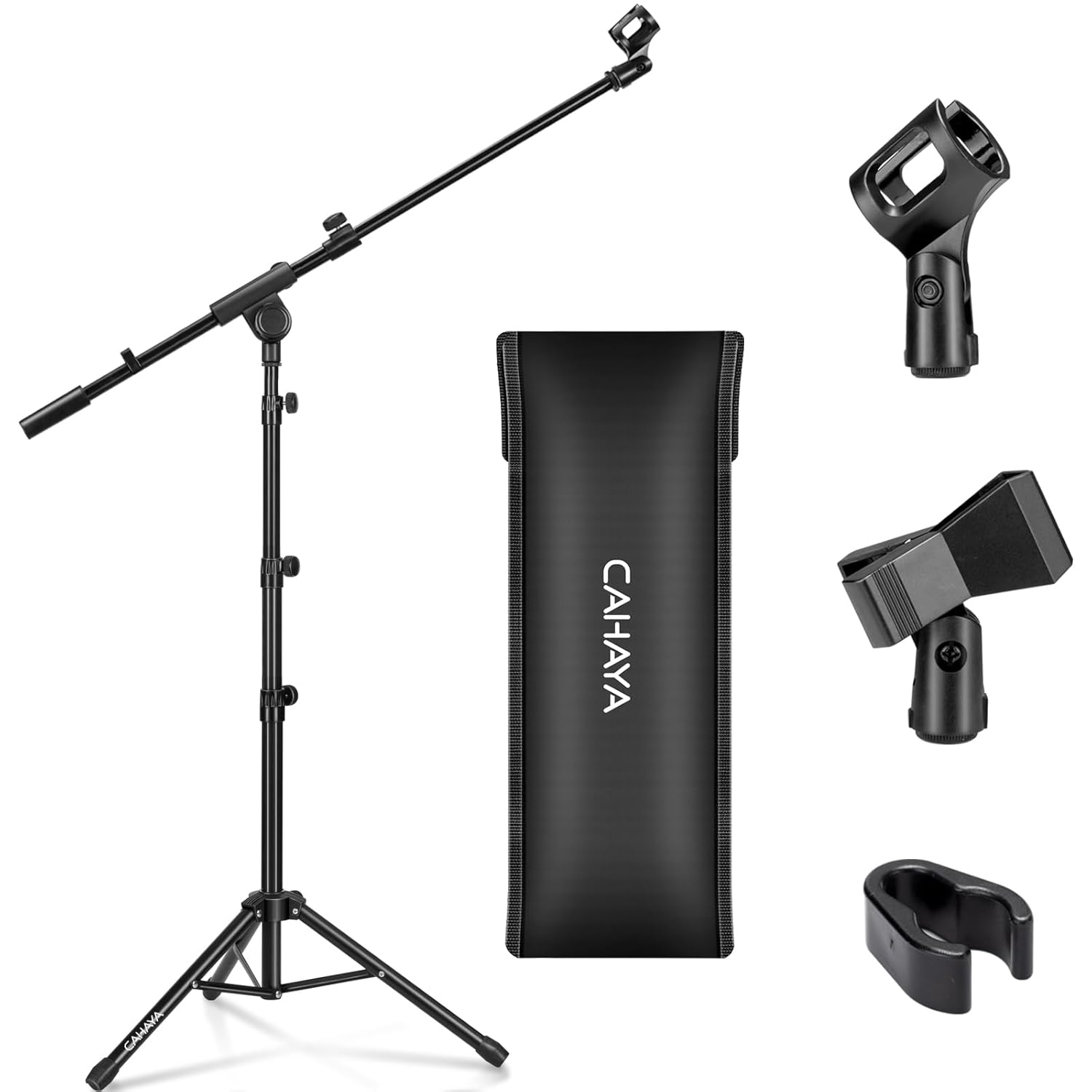 Black CAHAYA tripod microphone stand with adjustable height, stable tripod base, and extendable boom arm; includes carrying bag and universal mic clips.