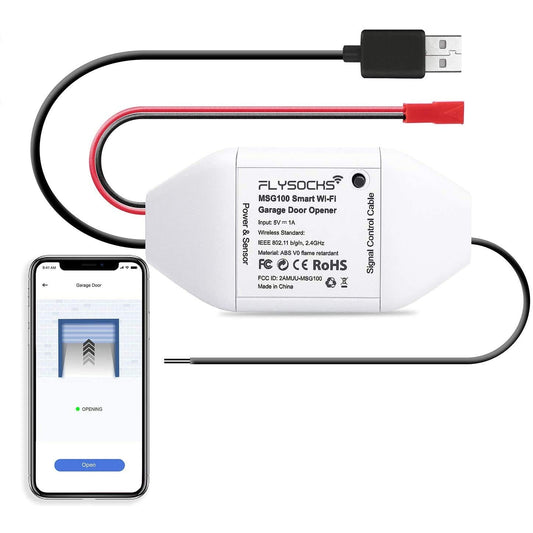 Smart garage door opener by Flysocks, made of PC, ABS, and PP materials in white color; features remote control via the ehomelife app and voice control compatibility with Alexa and Google Assistant. Dimensions are 15.1L x 5W x 8H cm, weighing 320 grams. Easy installation without screws using adhesive tapes; compatible with various garage controllers.