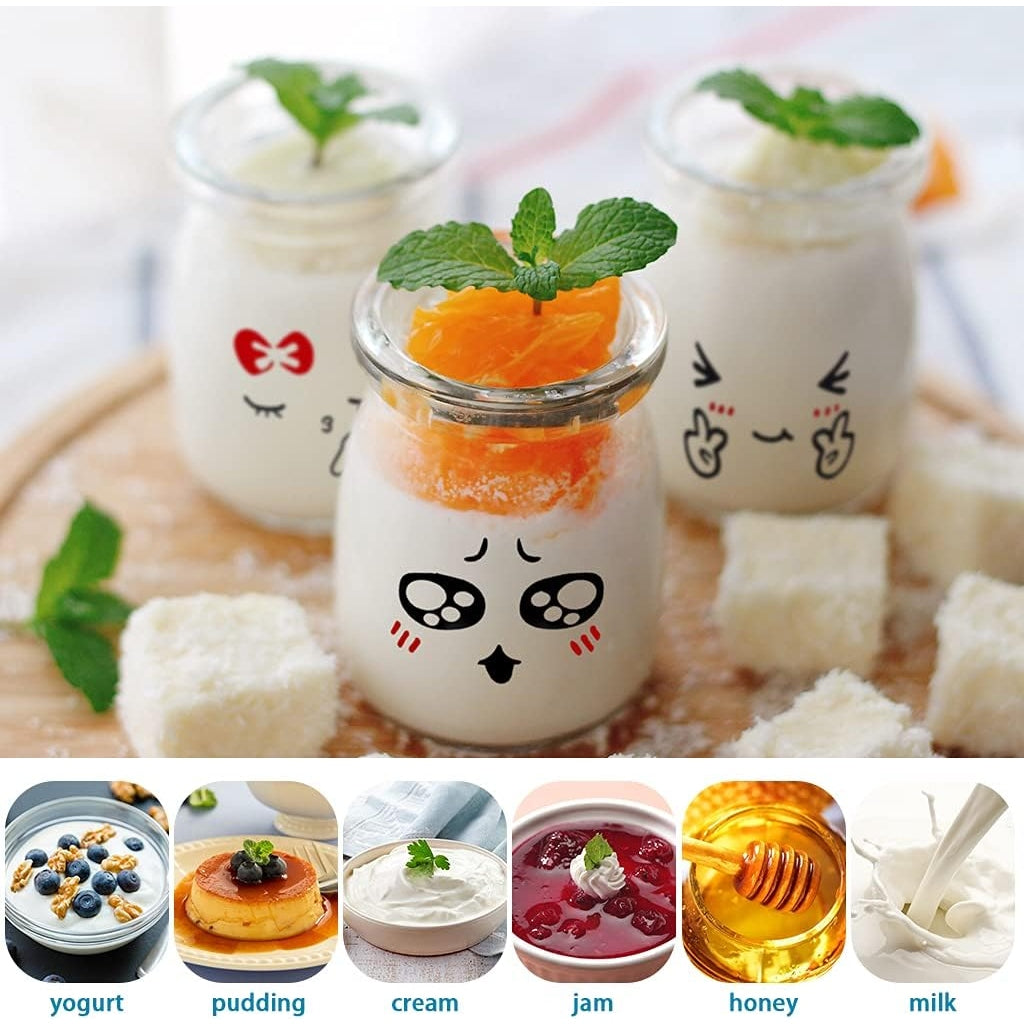 Skelang - 12Pcs Yogurt Bottles 150Ml With Plastic Lid, Cute Emoticon Design