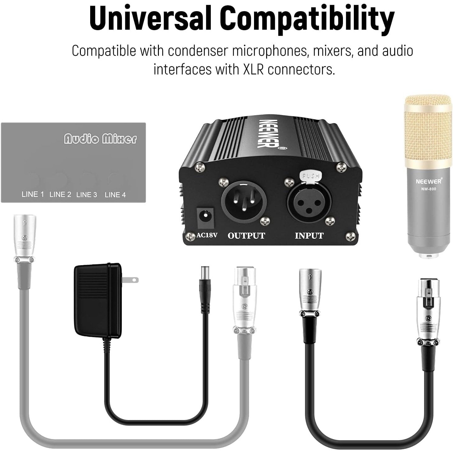 Neewer - 1-Channel 48V Phantom Power Supply With Adapter & XLR Cable (8 Feet)