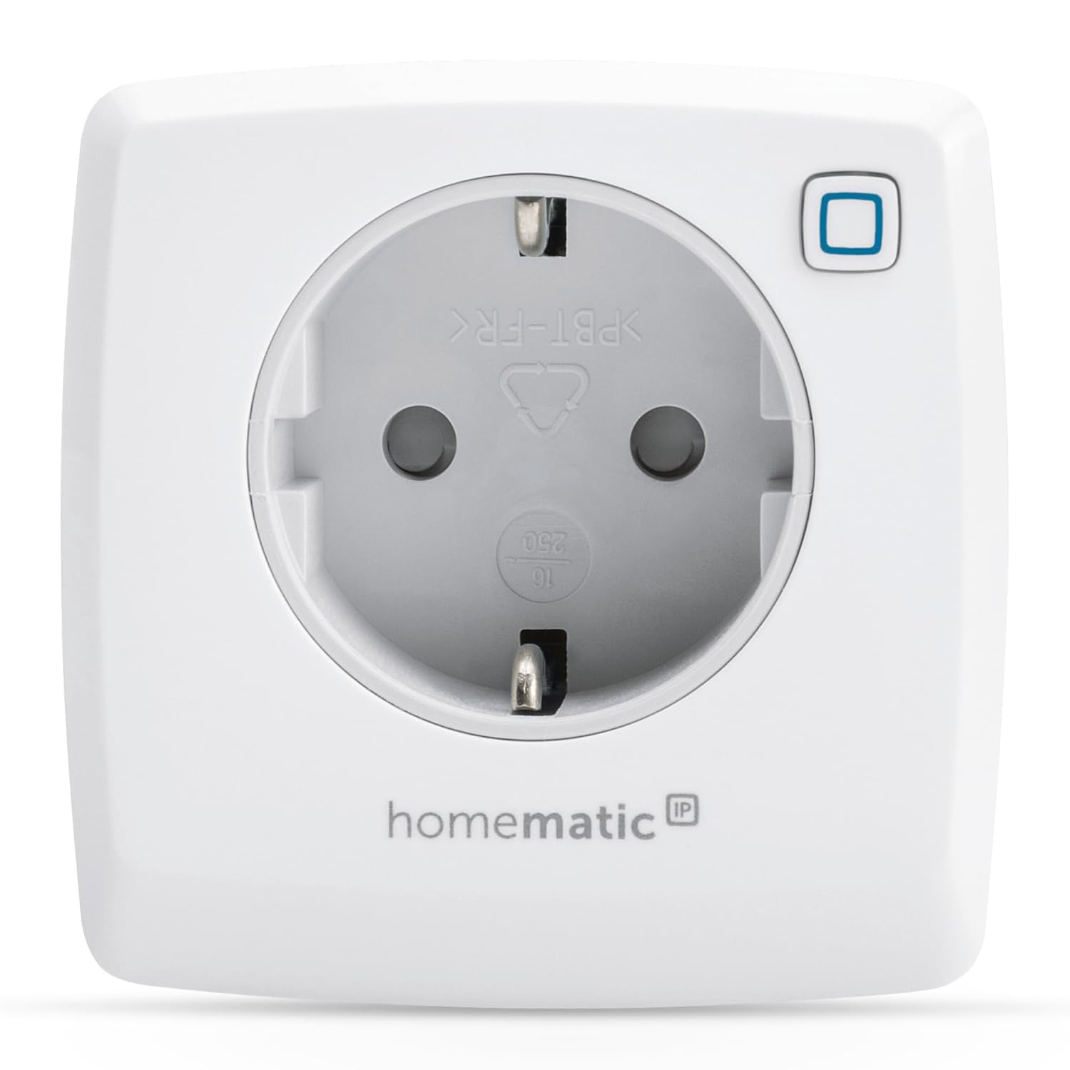 Prise de commutation Homematic IP de dimensions 7 x 3,9 x 7 centimètres, avec un indice de protection IP00 et une évaluation du courant de 16 A.