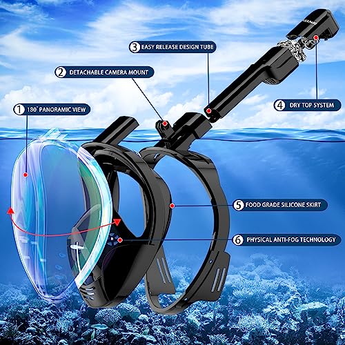 AquaVision - Full Face Snorkel Mask With Detachable Camera Mount, Anti-Fog & Leak Proof