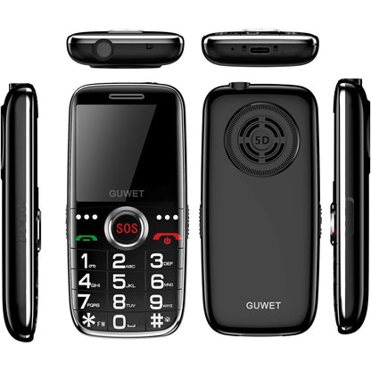 Guwet - Big Button Mobile Phone for Elderly, GSM Unlocked, Dual-SIM, SOS, 1800mAh, USB-C, Torch, 2.0" LCD, Black