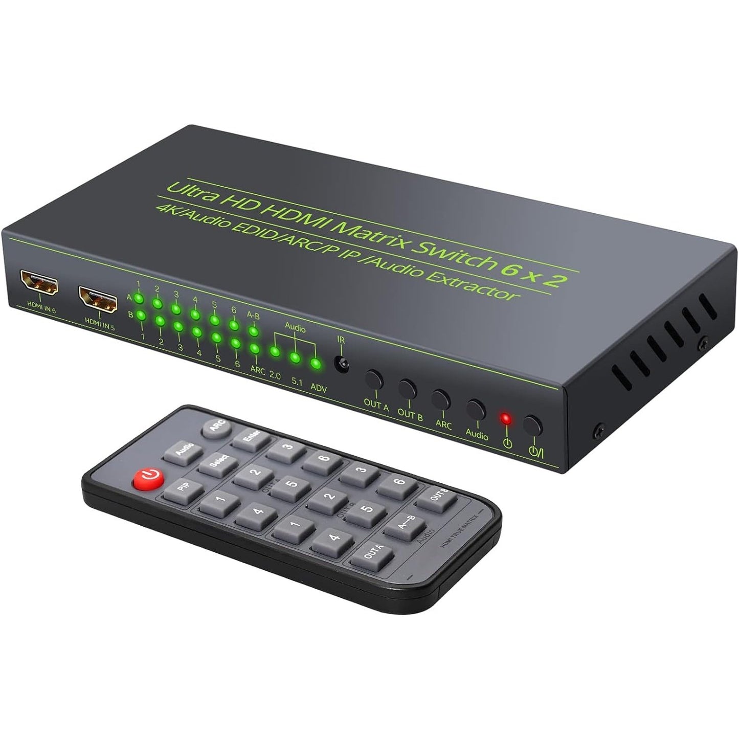 Linkfor - 4K HDMI Matrix 6 In 2 Out Switcher Splitter with IR Remote & Power Adapter