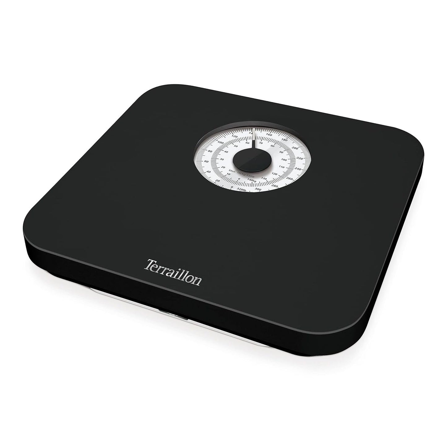 Black mechanical personal scales by Terraillon with a large display, capable of measuring up to 150 kilograms, featuring a comfortable plastic base and optimal readability from the maxi dial.