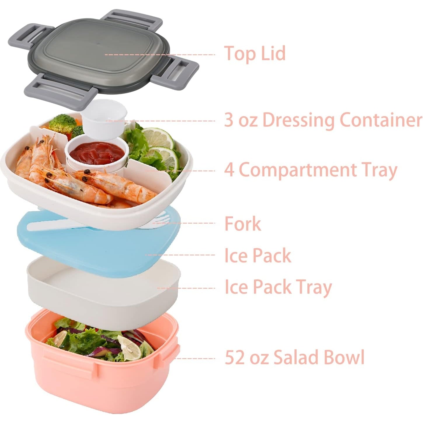 Freshmage - Salad Container With Ice Pack, Leakproof BPA-Free, 52-Oz, 4 Compartments, Pink