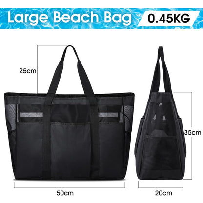 Lubardy - XXL Family Beach Bag With Zip, Large Mesh, Foldable, Black