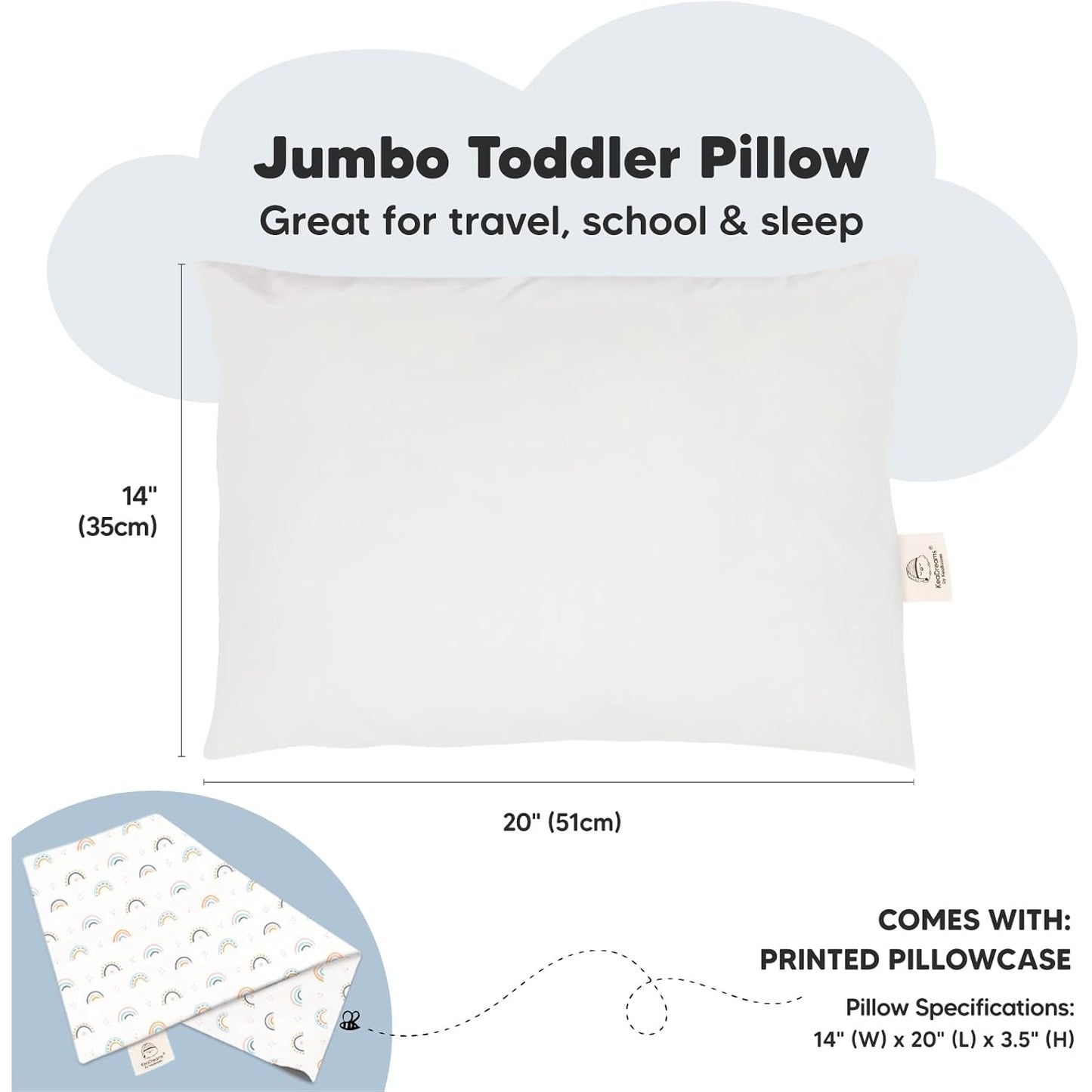 Keababies - Toddler Pillow With Pillowcase, Jumbo 14X20, Soft Organic Cotton, Jolly Rainbow