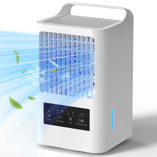 Portable air conditioner in pearl white with three fan speeds, two mist modes, and oscillation features; includes components like a plug and USB Type C.