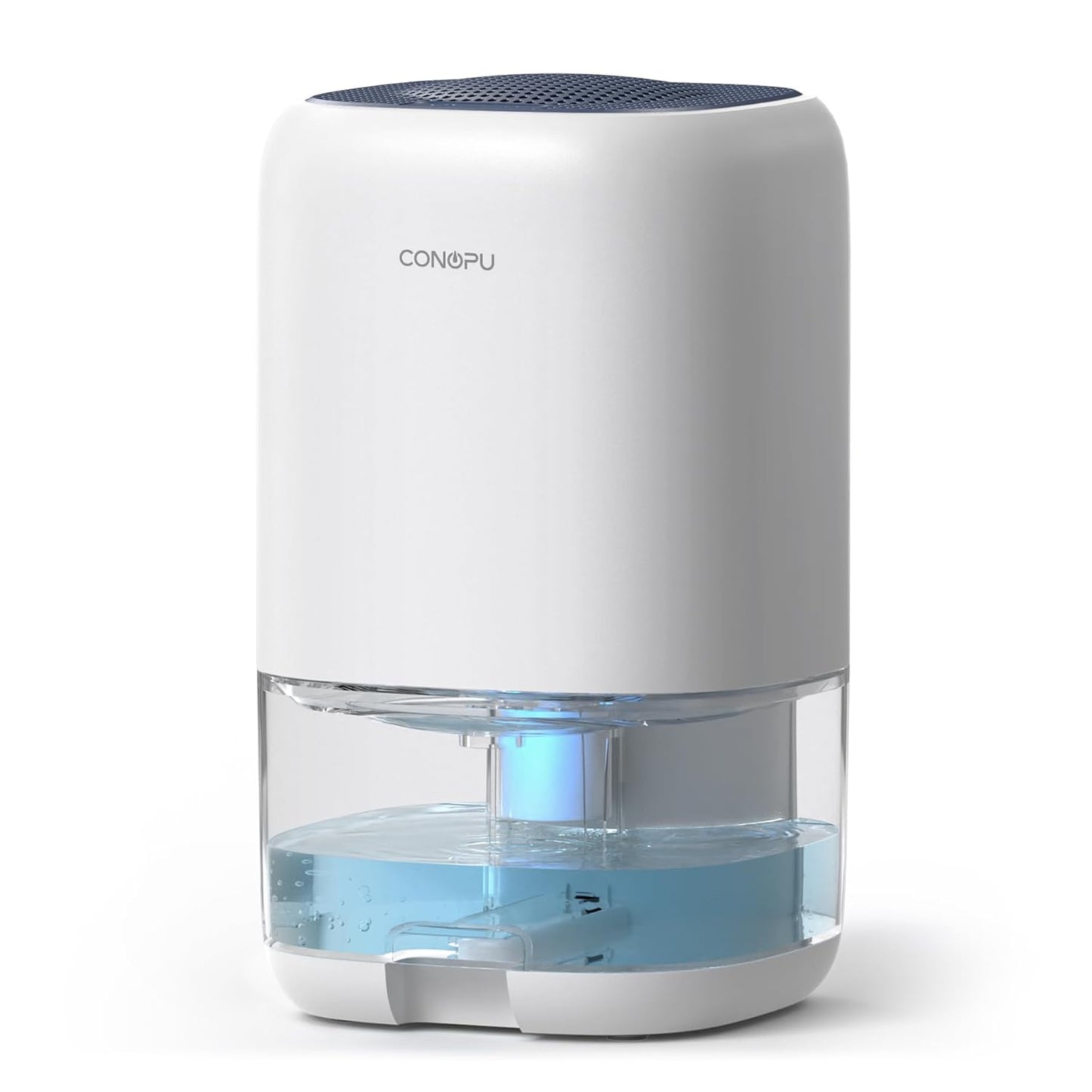 Dehumidifier by CONOPU with a white and blue design, featuring a removable and portable structure, capable of holding 1000 milliliters of water. The product dimensions are 25.6 cm in height, 15 cm in width, and 15 cm in depth. It utilizes Peltier technology for efficient moisture removal without a compressor, operating quietly at around 39dB. Includes an auto-off function to prevent overflow, a transparent tank for easy monitoring, a handle for portability, and controllable LED lights for ambiance.