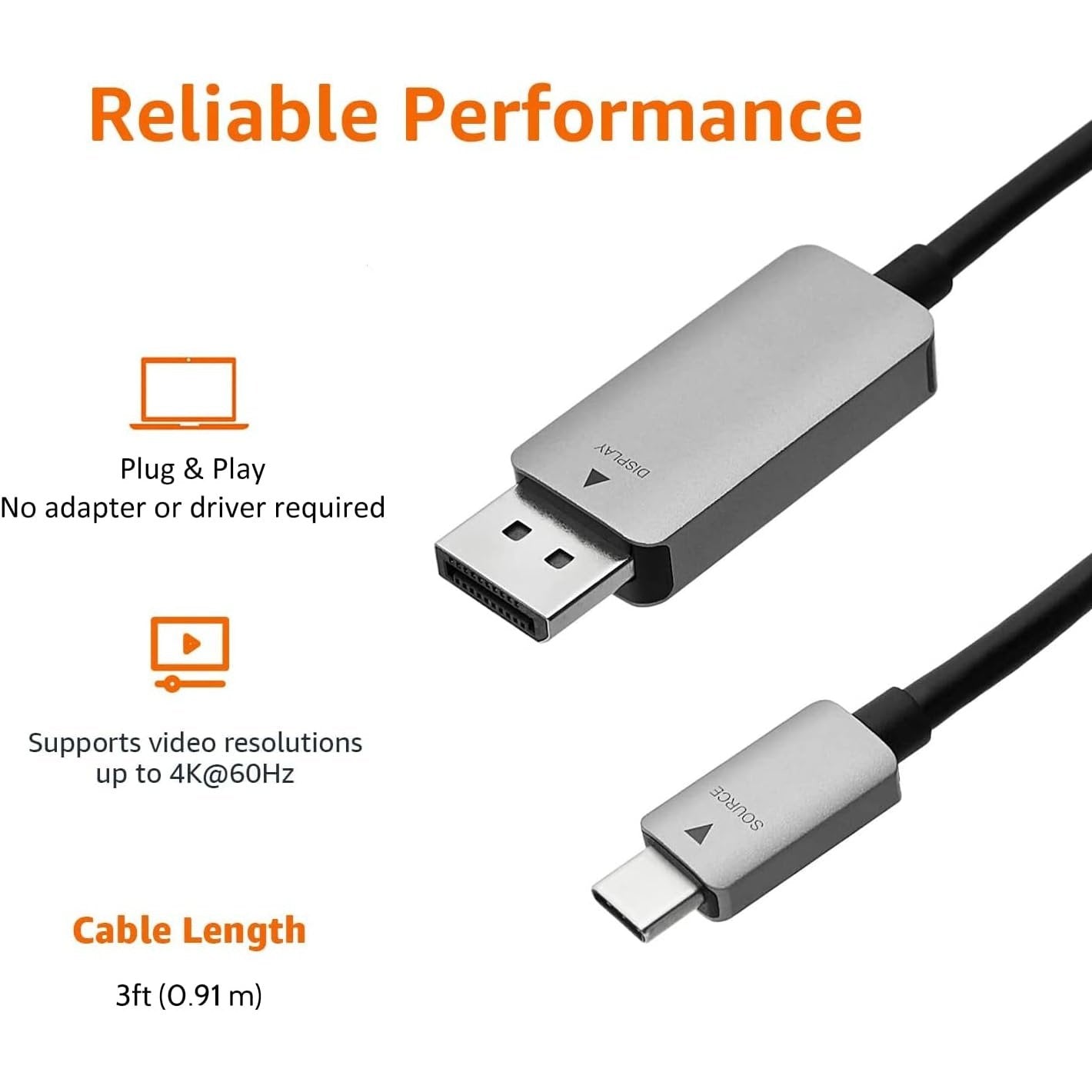 Amazon - Basics Aluminum USB-C to DisplayPort Cable, 3-Foot