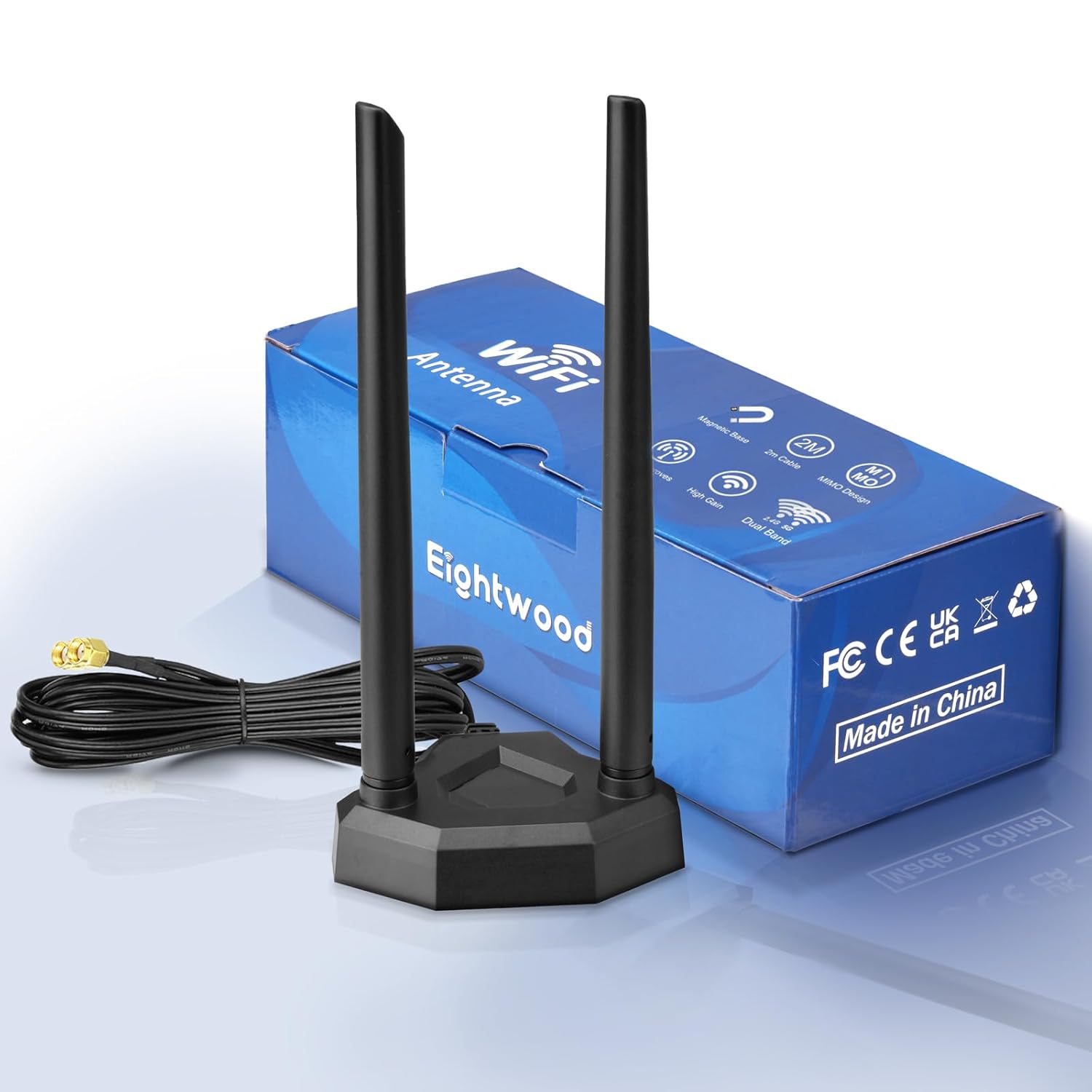 Eightwood - Dual Band WiFi Antenna 2.4GHz 5GHz RP-SMA With 6.5Ft Extension Cable