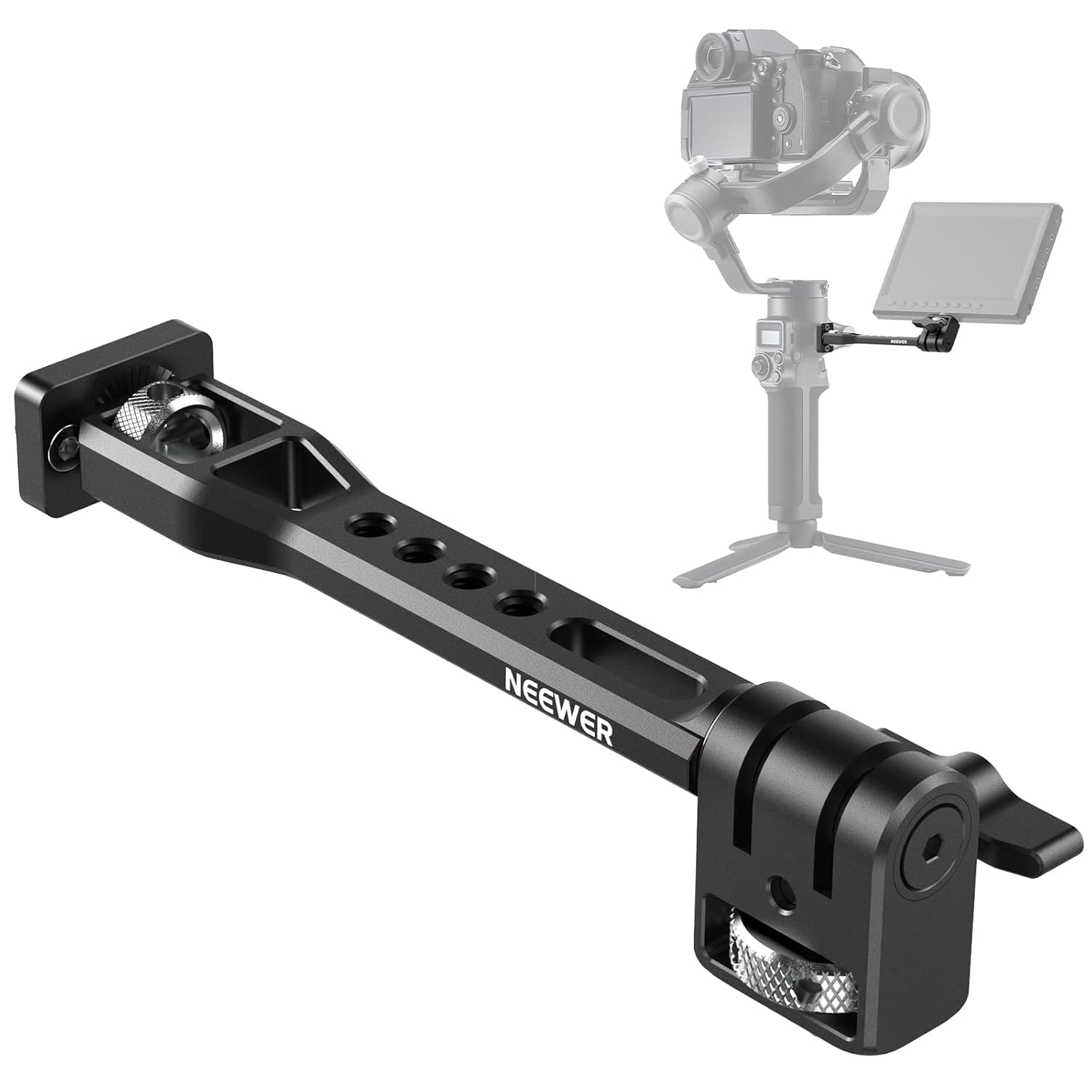 Black adjustable field monitor mount compatible with various DJI gimbals, featuring robust aluminum construction, safe installation via M4 screws and rosette mount, 360° smooth rotation for optimal positioning, and multiple attachment points for accessories.