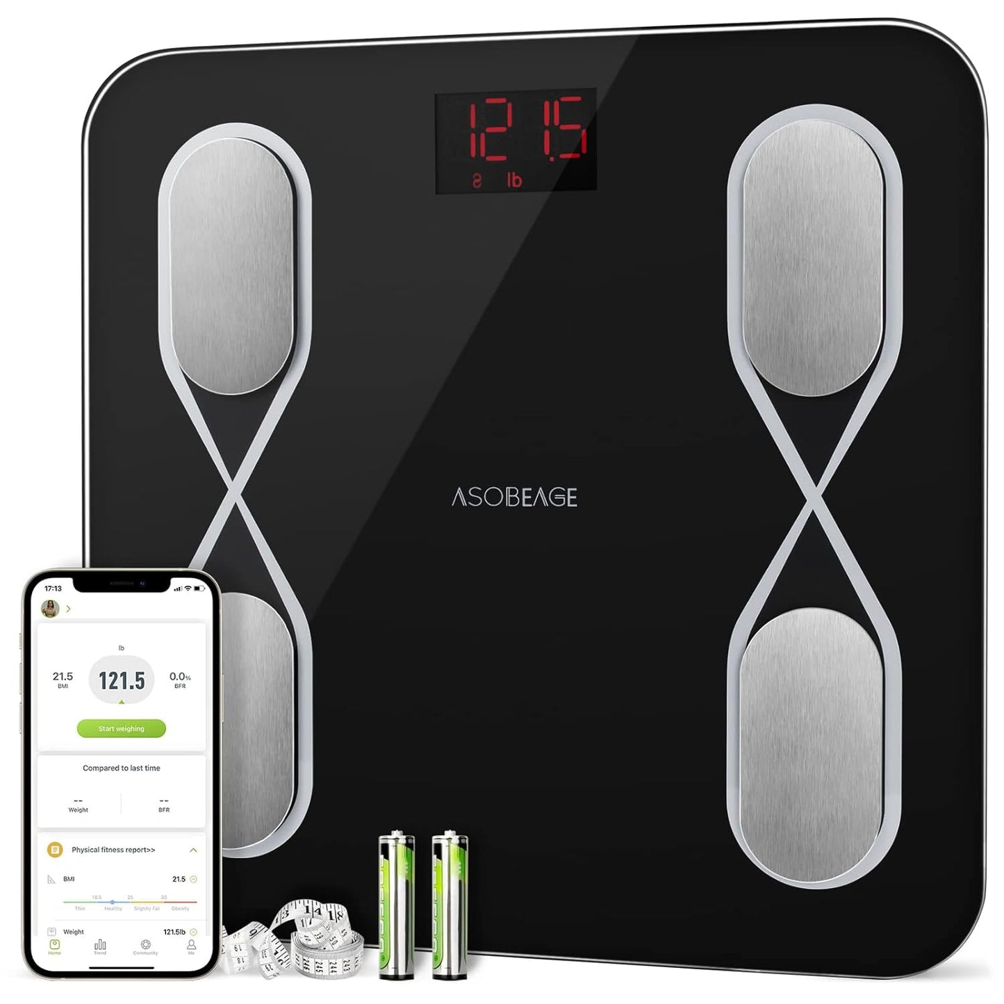 Black ASOBEAGE smart scale with a mini form factor, designed for intelligent analysis of 23 body indicators including body weight, BMI, and muscle mass; features high accuracy sensors and compatibility with iOS and Android devices; made of durable tempered glass with a maximum load capacity of 180 kg.