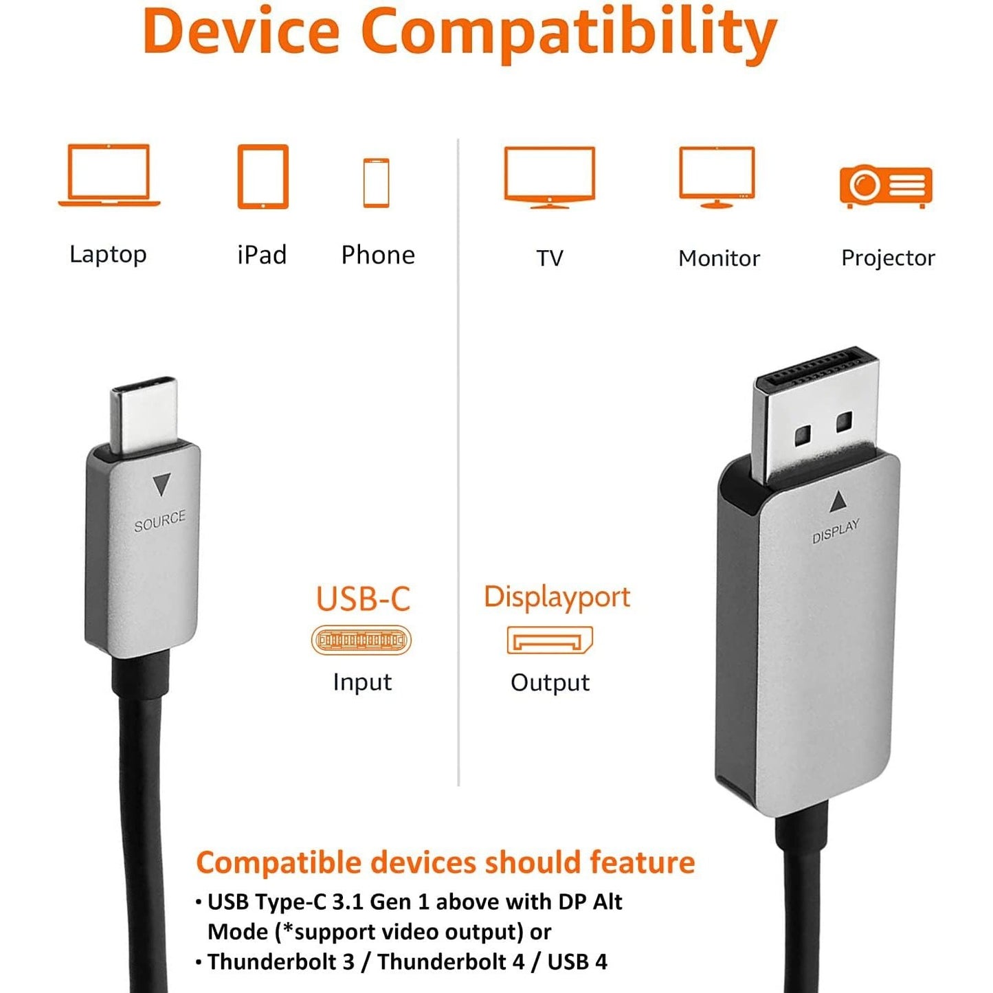 Amazon - Basics Aluminum USB-C to DisplayPort Cable, 3-Foot