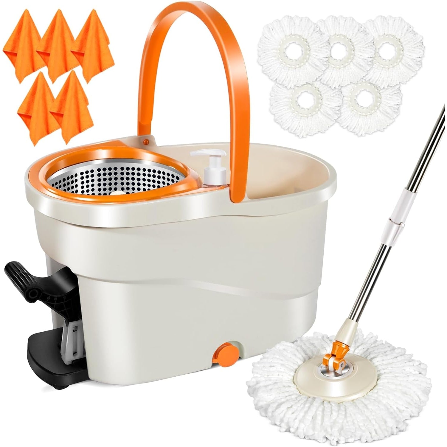 Mastertop - Spin Mop And Bucket With Wringer Set, Easy Wring Foot Pedal, 5 Refills