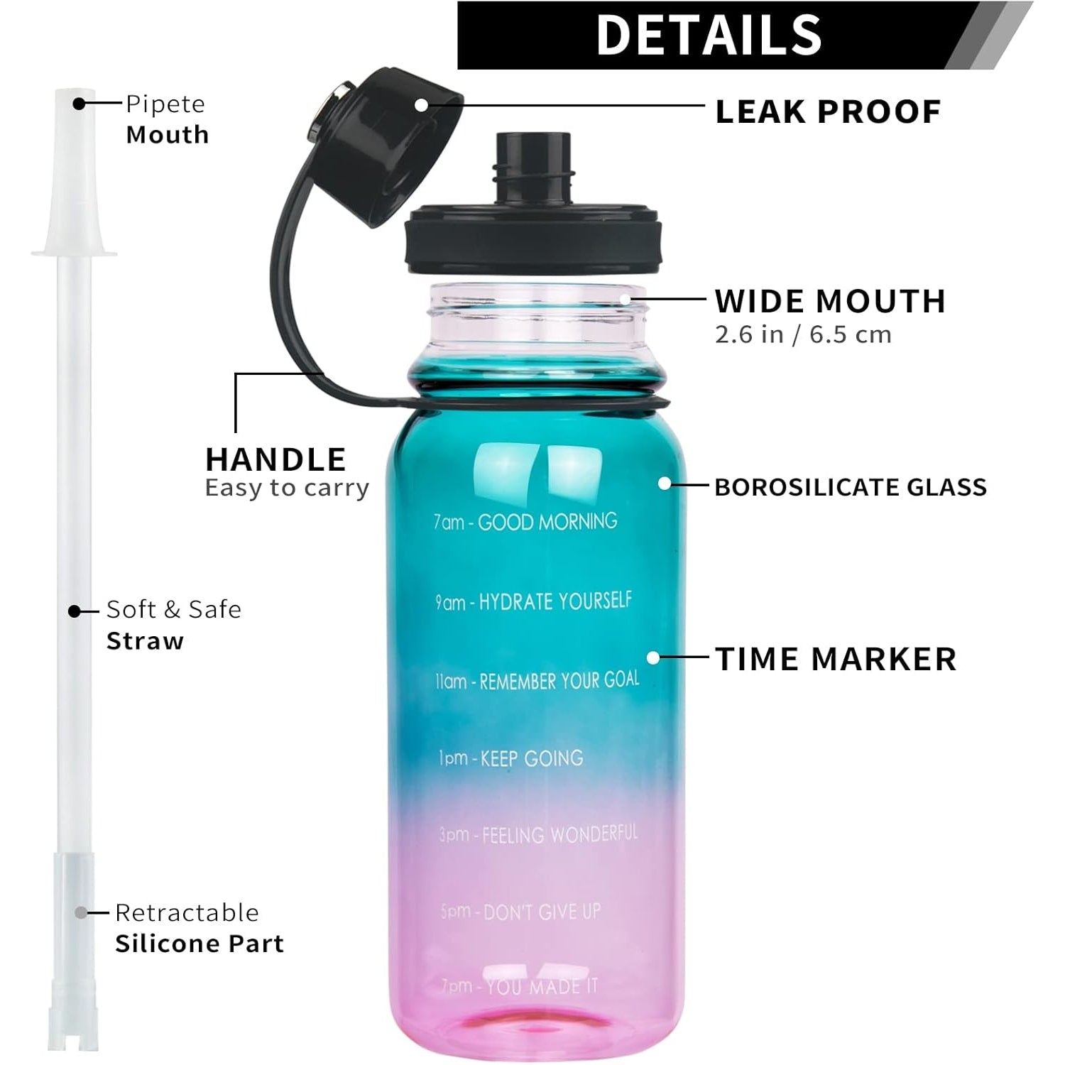 Liangcheng - 1.5L Glass Drinking Bottle With Time Marking, BPA-Free, Leak-Proof