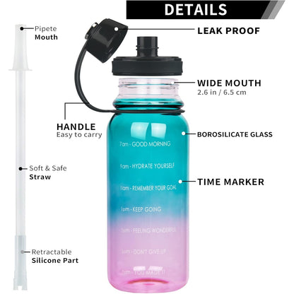 Liangcheng - 1.5L Glass Drinking Bottle With Time Marking, BPA-Free, Leak-Proof