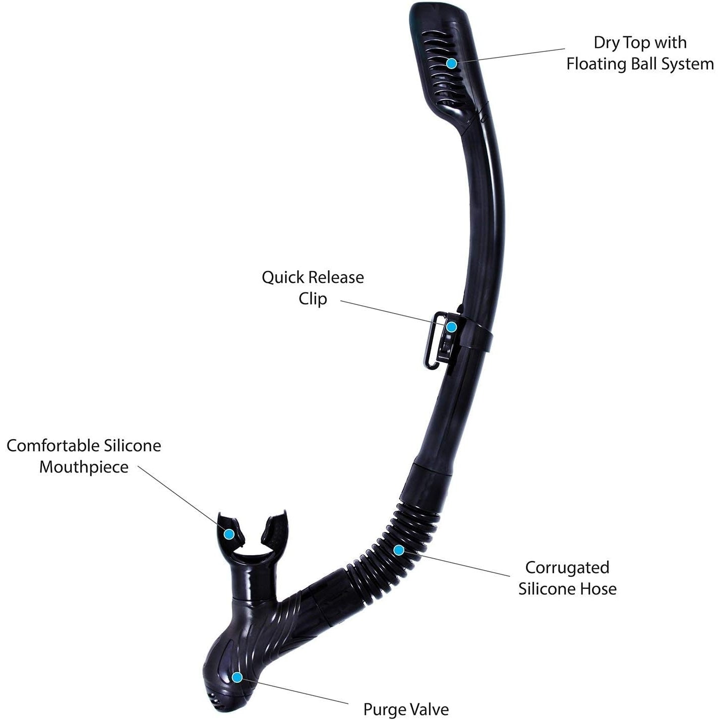 Kraken Aquatics - Dry Snorkel With Dry Top Valve And Silicone Mouthpiece