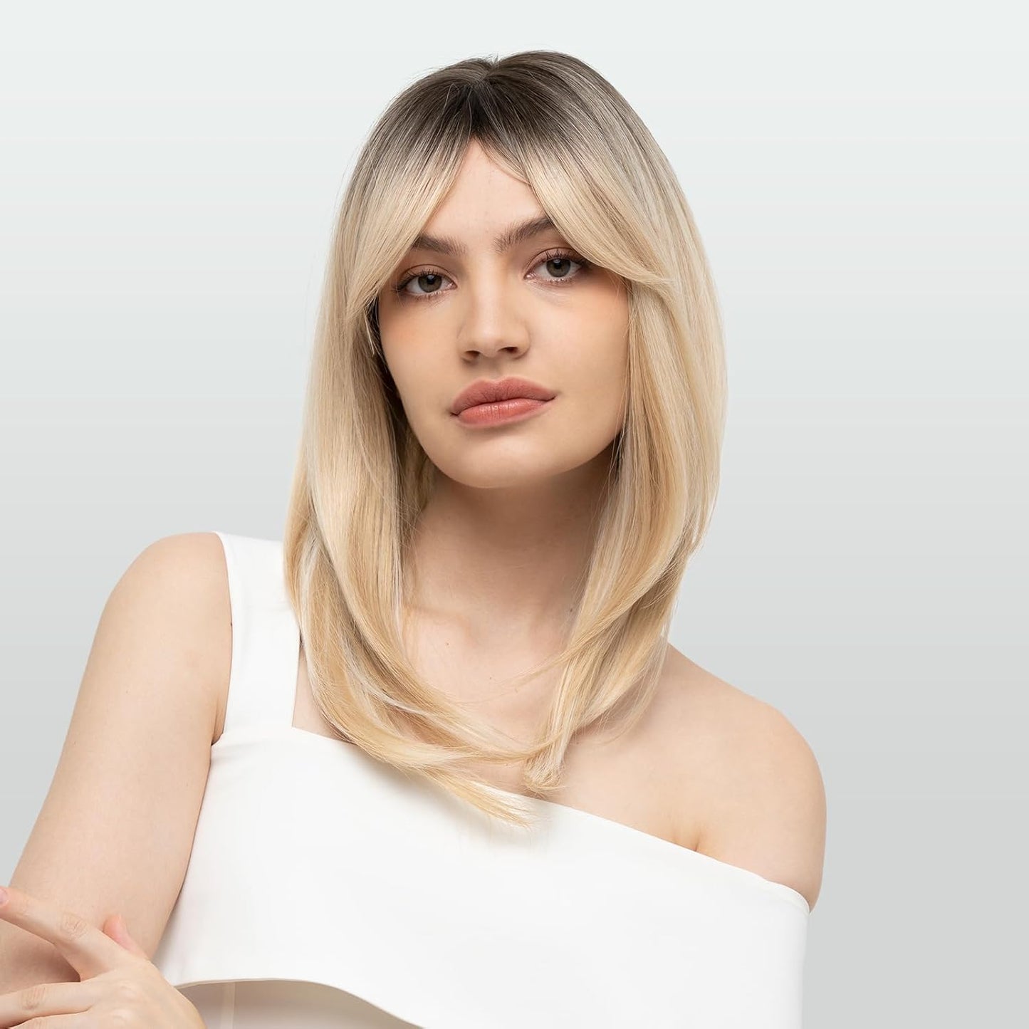 Feshfen - Ombre Blonde Synthetic Wig With Bangs For Women 45 Cm