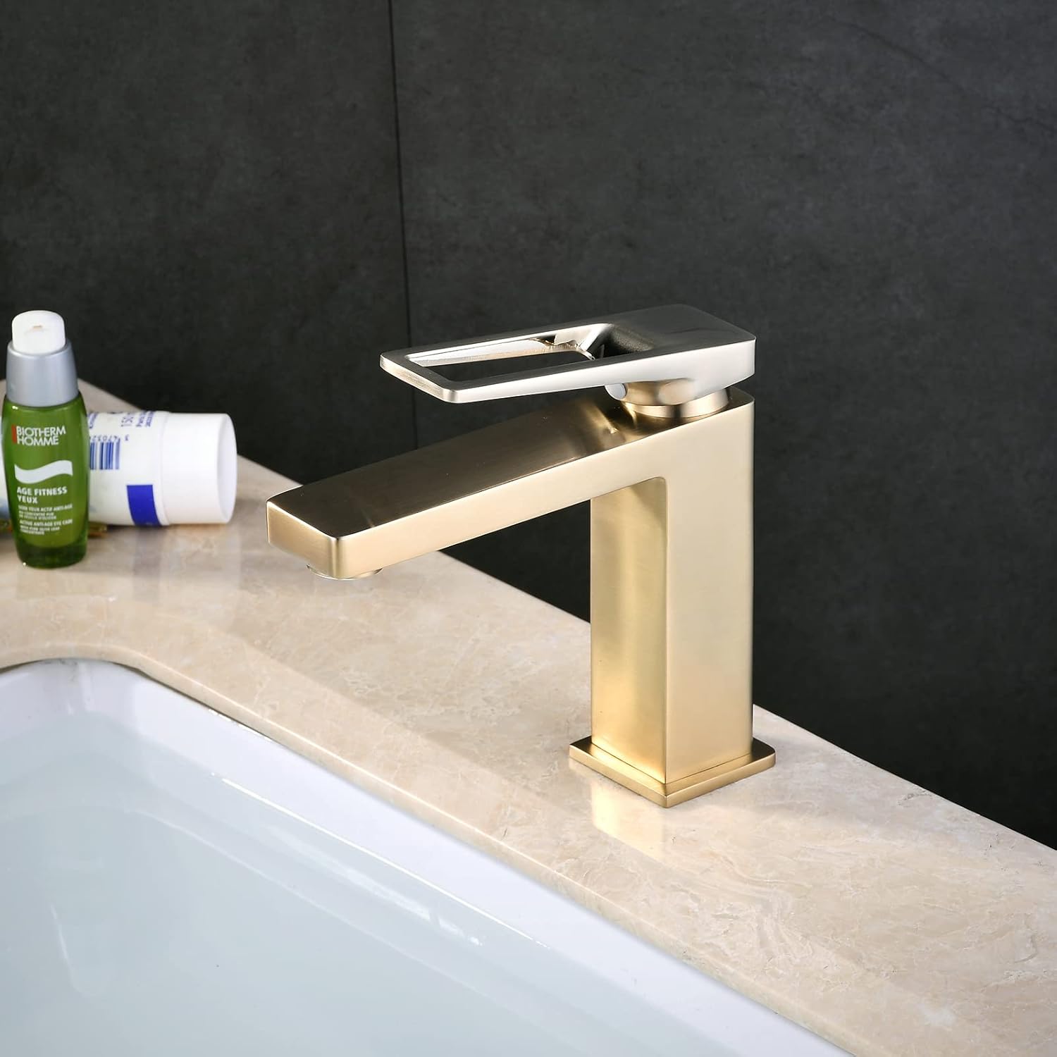 Shunli - Brushed Gold Basin Mixer Tap, Modern Single Lever Bathroom Faucet