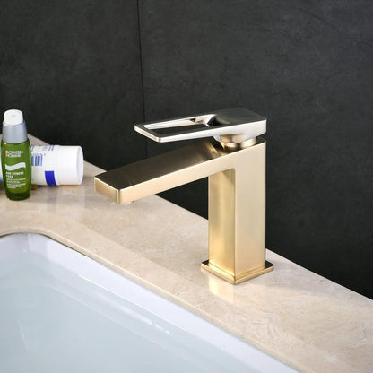 Shunli - Brushed Gold Basin Mixer Tap, Modern Single Lever Bathroom Faucet