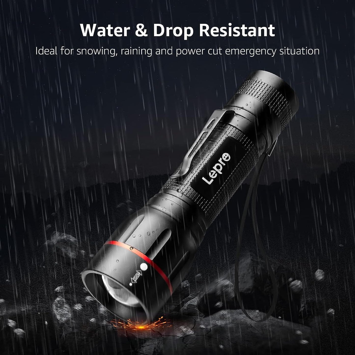 Lepro - Led Flashlight With Clip, High Lumens, 5 Modes, Zoomable, Waterproof, 2 Pack